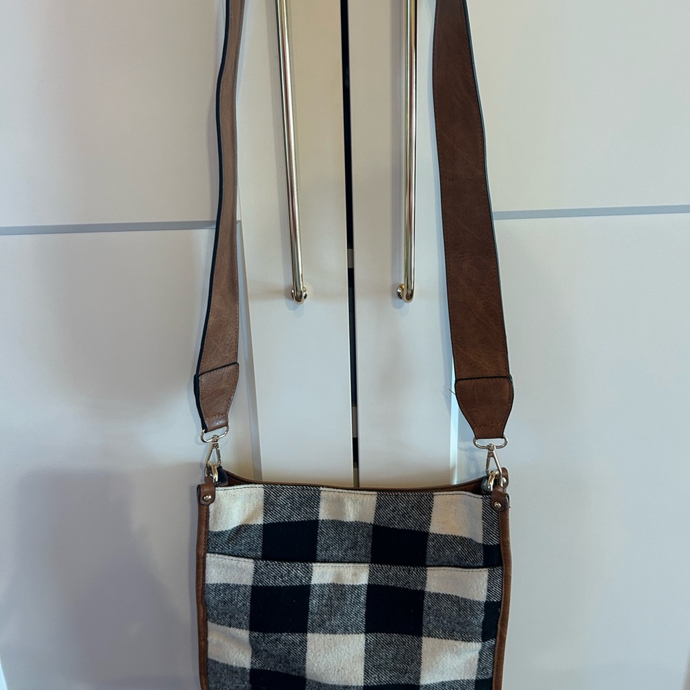 Plaid/leather Shoulder Bag with Brown leather Strap